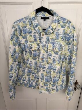 Talbots Blue and Green Toile Print Denim Jacket XL